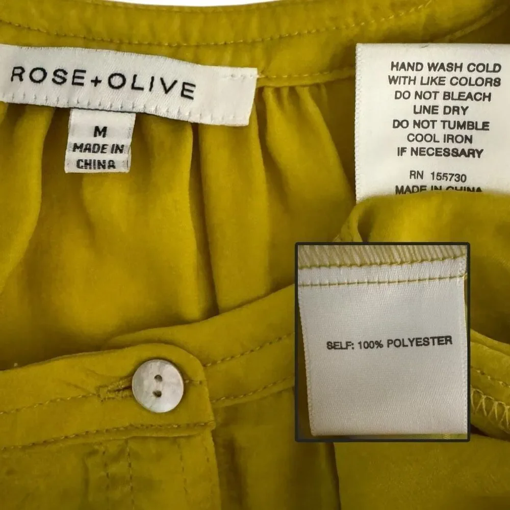 Rose & Olive Women's Yellow Long Sleeve Button Down Tunic Blouse Satin Size Medi